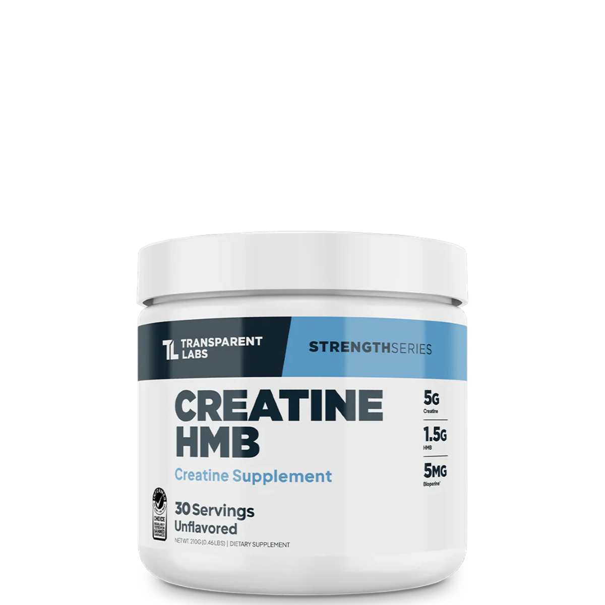 A container of Transparent Labs Creatine HMB supplement with blue and silver label, indicating it is a creatine supplement with 30 servings per container.