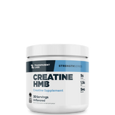 A container of Transparent Labs Creatine HMB supplement with blue and silver label, indicating it is a creatine supplement with 30 servings per container.
