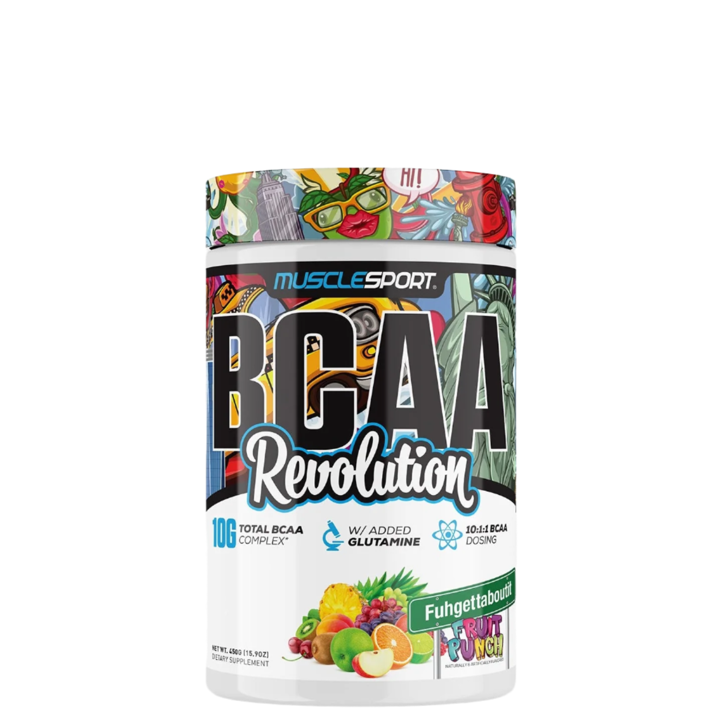 A container of MuscleSport BCAA Revolution supplement with a colorful label featuring fruits.