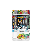A container of MuscleSport BCAA Revolution supplement with a colorful label featuring fruits.
