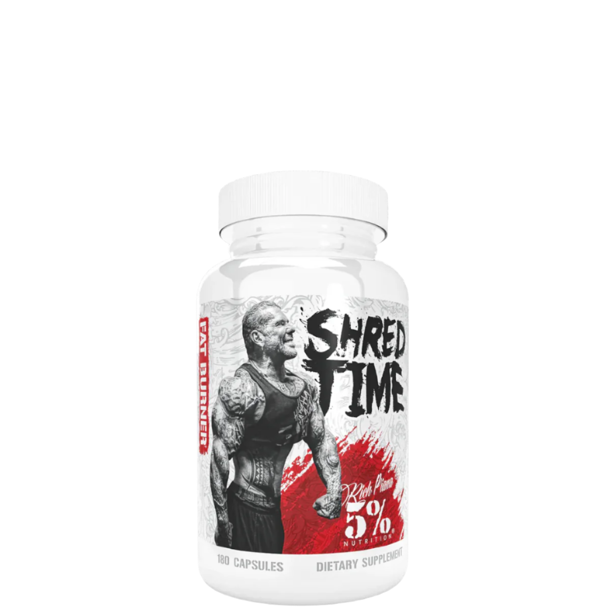 A bottle of Shred Time fat burner supplement with a graphic of a bodybuilder on the label.