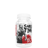 A bottle of Shred Time fat burner supplement with a graphic of a bodybuilder on the label.