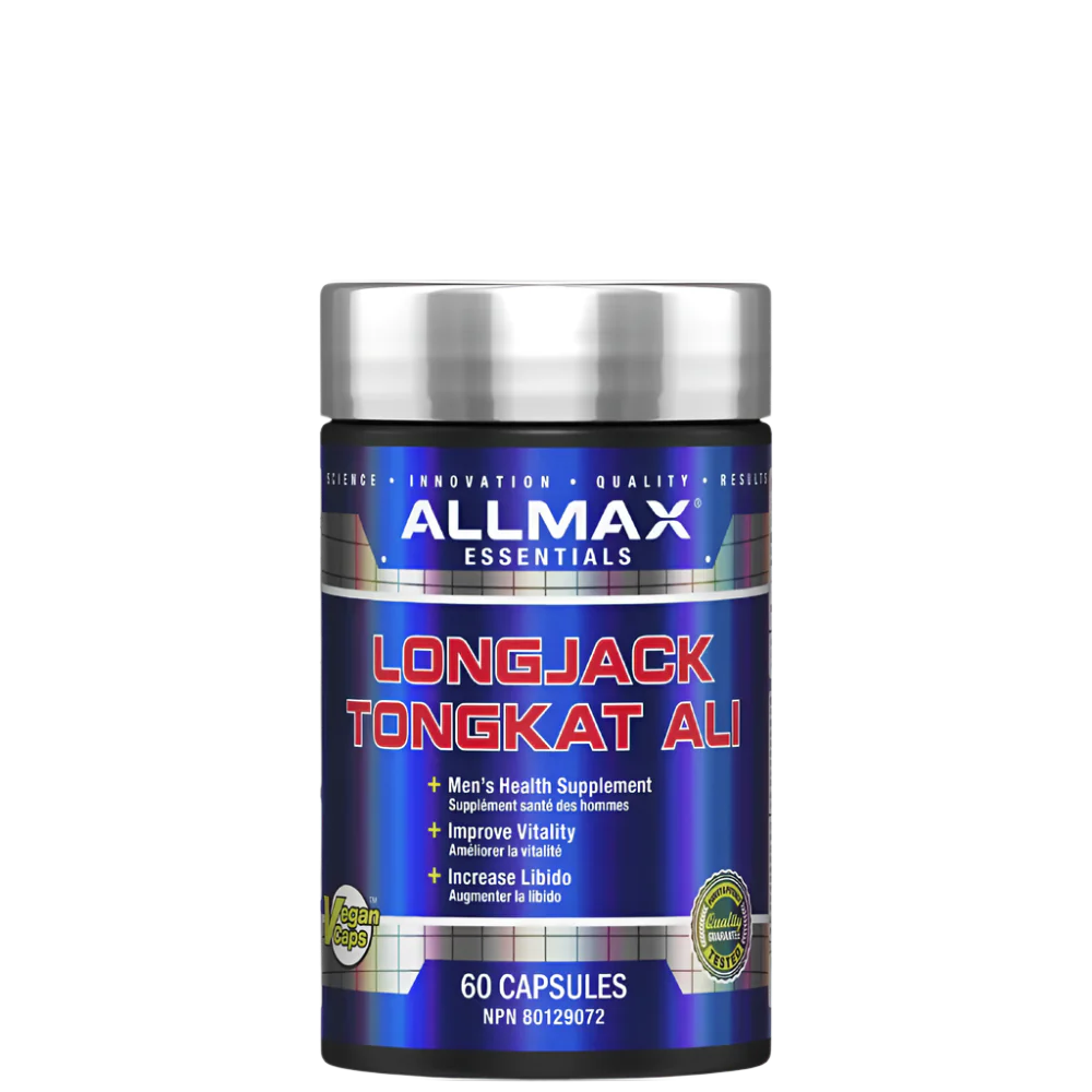 A bottle of Allmax Longjack Tongkat Ali supplement with 60 capsules, predominantly blue and white in color with red accents and green foliage imagery.