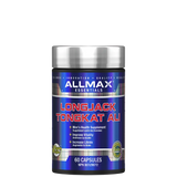 A bottle of Allmax Longjack Tongkat Ali supplement with 60 capsules, predominantly blue and white in color with red accents and green foliage imagery.