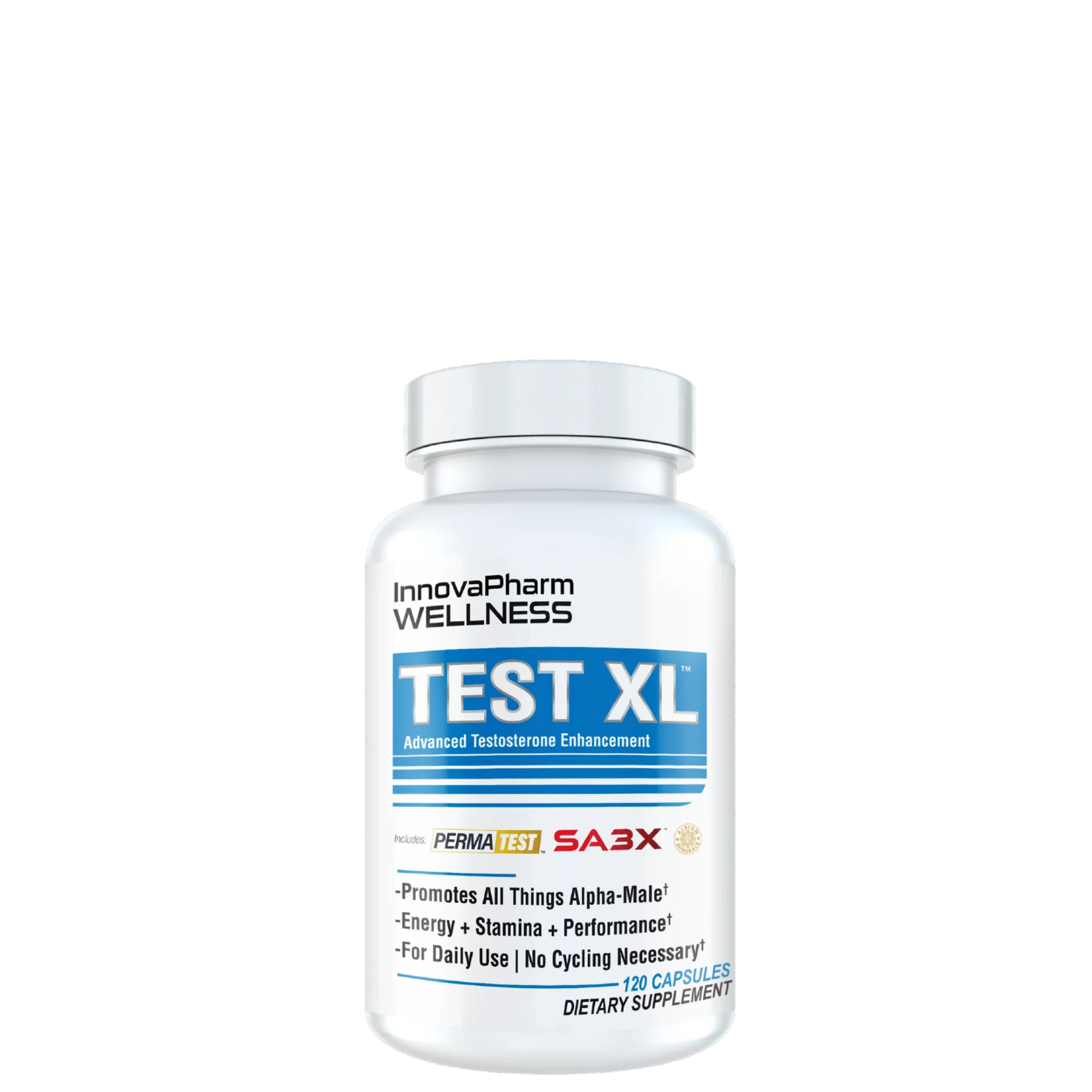 A bottle of 'Innovapharm WELLNESS TEST XL' supplement, which is designed for testosterone enhancement.