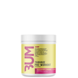 A container of Thavage Pre-workout supplement with branding and product information on the label.