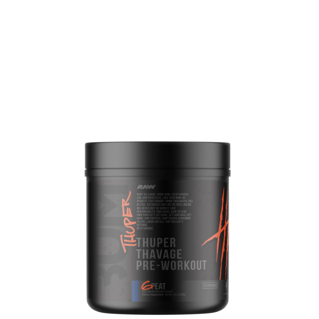 A container of Thuper Thavage Pre-Workout supplement with branding and product information on the label.