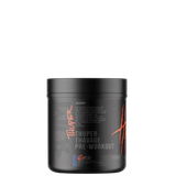 A container of Thuper Thavage Pre-Workout supplement with branding and product information on the label.