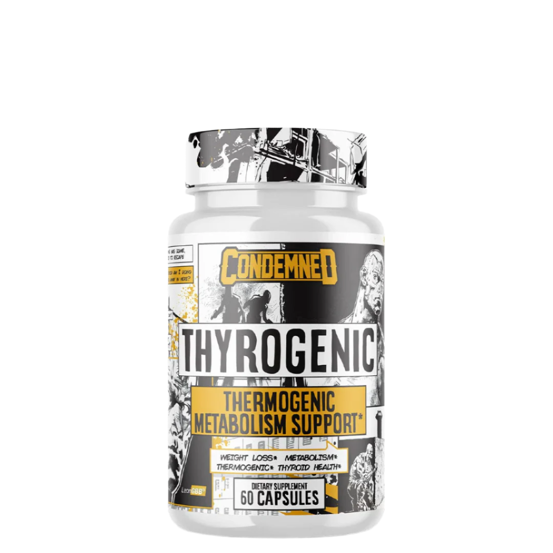 A container of Condemned Labz Thyrogenic dietary supplement with 60 capsules, emphasizing metabolism support.