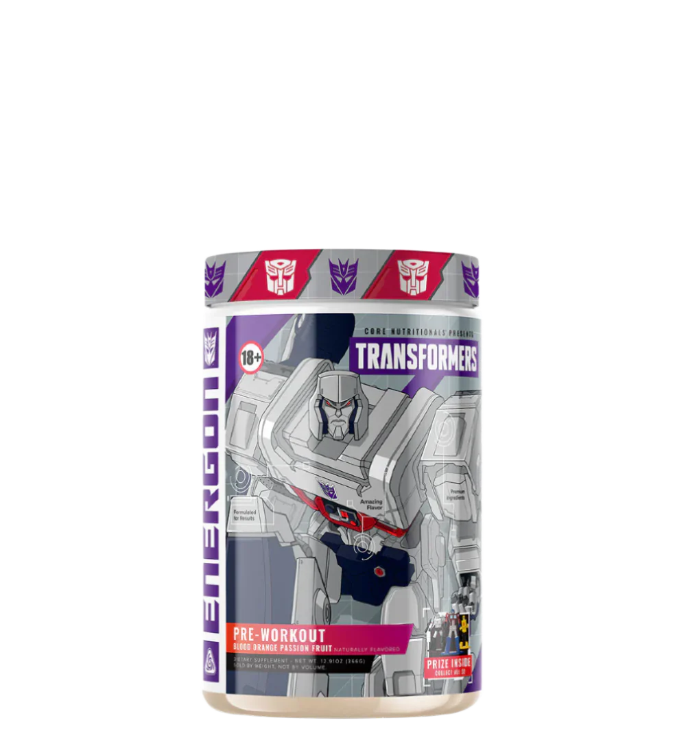 A container of Transformers Energon supplement, featuring character illustrations and branding elements from the Transformers franchise.