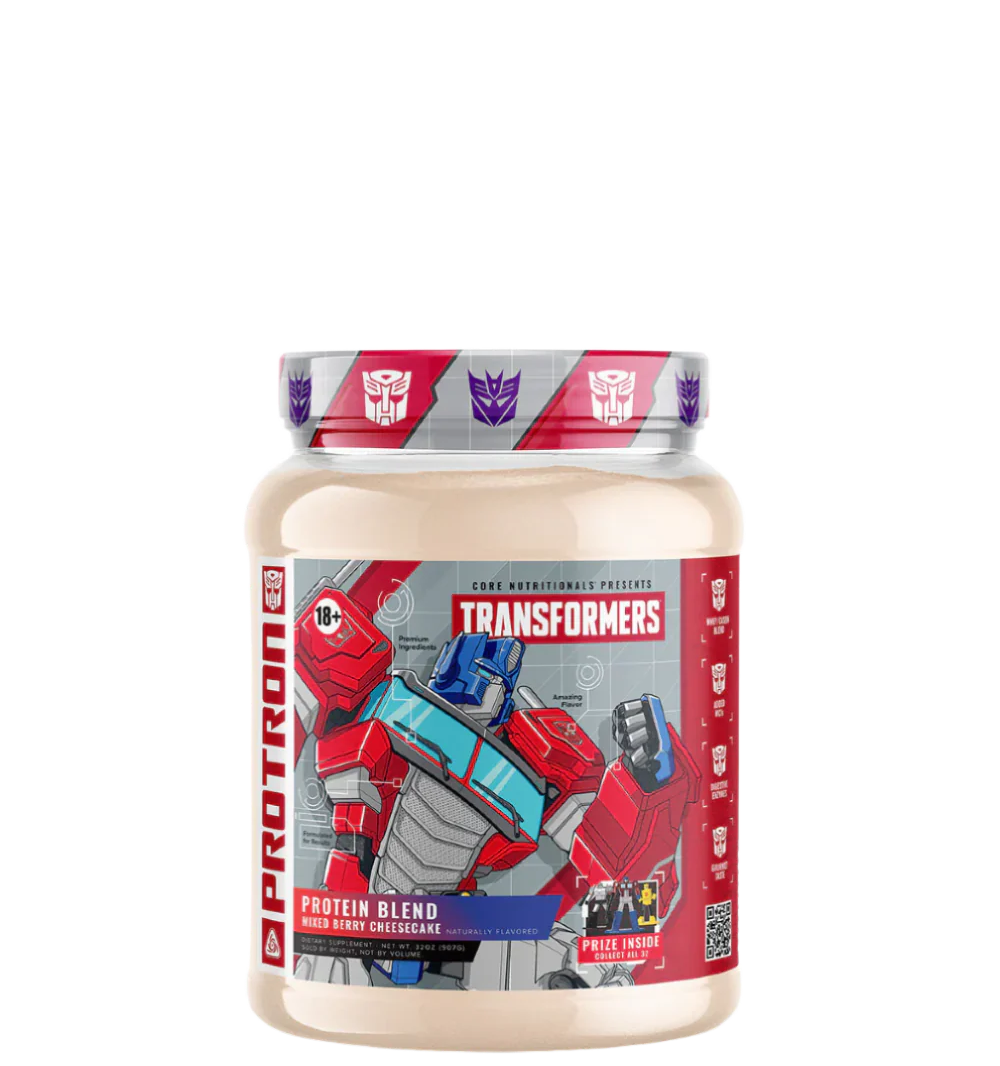 A container of Transformers Protron protein supplement with character illustrations from the Transformers franchise on the label.
