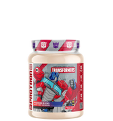 A container of Transformers Protron protein supplement with character illustrations from the Transformers franchise on the label.