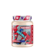 A container of Transformers Protron protein supplement with character illustrations from the Transformers franchise on the label.