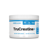 A container of TruCreatine+ Powder, which is a micronized creatine monohydrate dietary supplement by PEScience. The container is white with blue and black text, and it is labeled as 'Creatine Complex' and mentions 'Creapure', 'elevATP', '90 servings', and '150g'.