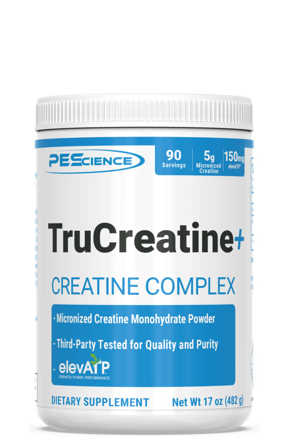 A container of TruCreatine+ Powder, which is a micronized creatine monohydrate dietary supplement by PEScience. The container is white with blue and black text, and it is labeled as 'Creatine Complex' and mentions 'Creapure', 'elevATP', '90 servings', and '150g'.