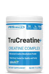 A container of TruCreatine+ Powder, which is a micronized creatine monohydrate dietary supplement by PEScience. The container is white with blue and black text, and it is labeled as 'Creatine Complex' and mentions 'Creapure', 'elevATP', '90 servings', and '150g'.