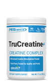 A container of TruCreatine+ Powder, which is a micronized creatine monohydrate dietary supplement by PEScience. The container is white with blue and black text, and it is labeled as 'Creatine Complex' and mentions 'Creapure', 'elevATP', '90 servings', and '150g'.