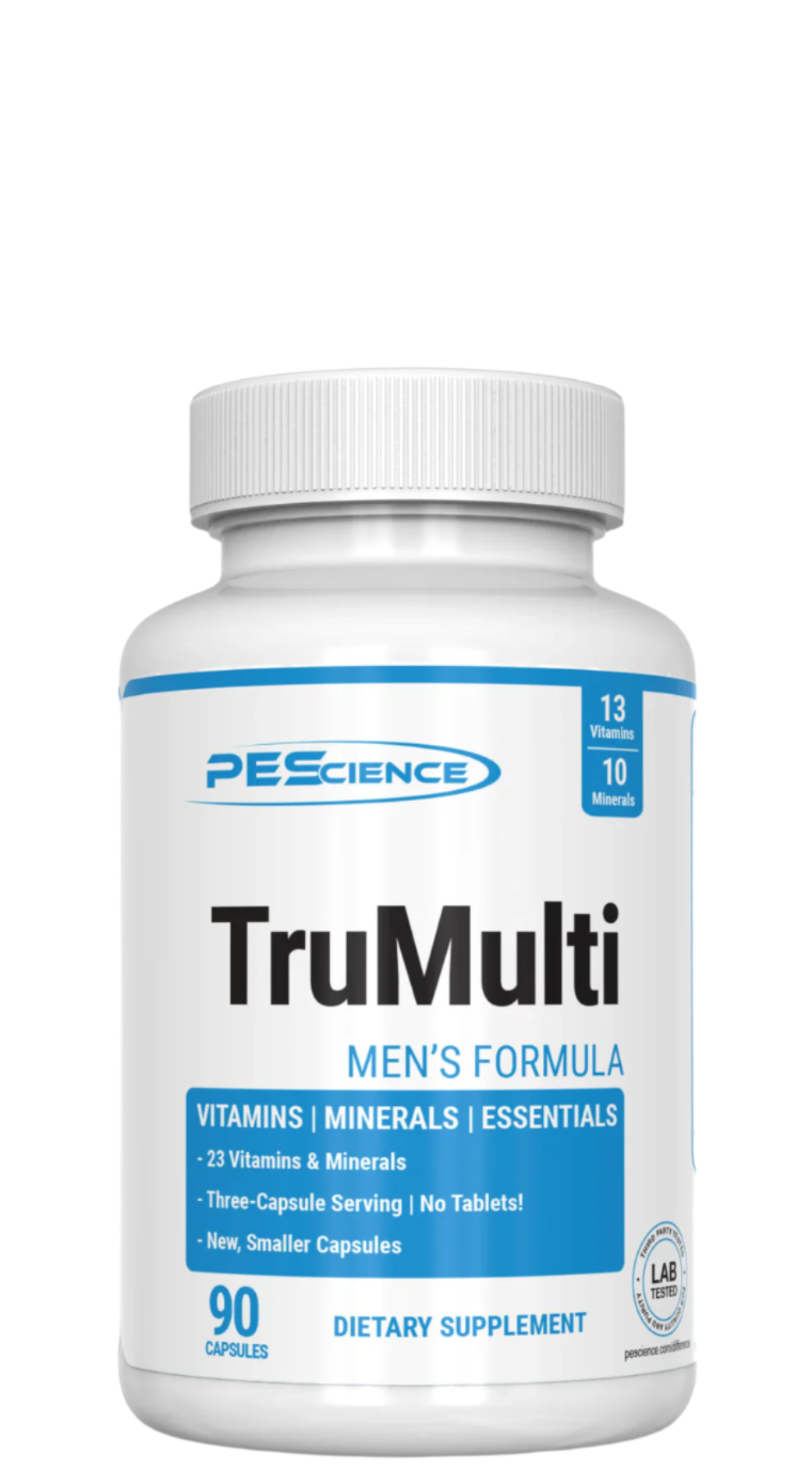 A bottle of TruMulti Men's Multivitamin by PEScience with 90 dietary supplement capsules.