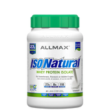 A container of Allmax IsoNatural Whey Protein Isolate Powder with a green lid, labeled as having 27g of protein, 0g fat, and zero added sugar.