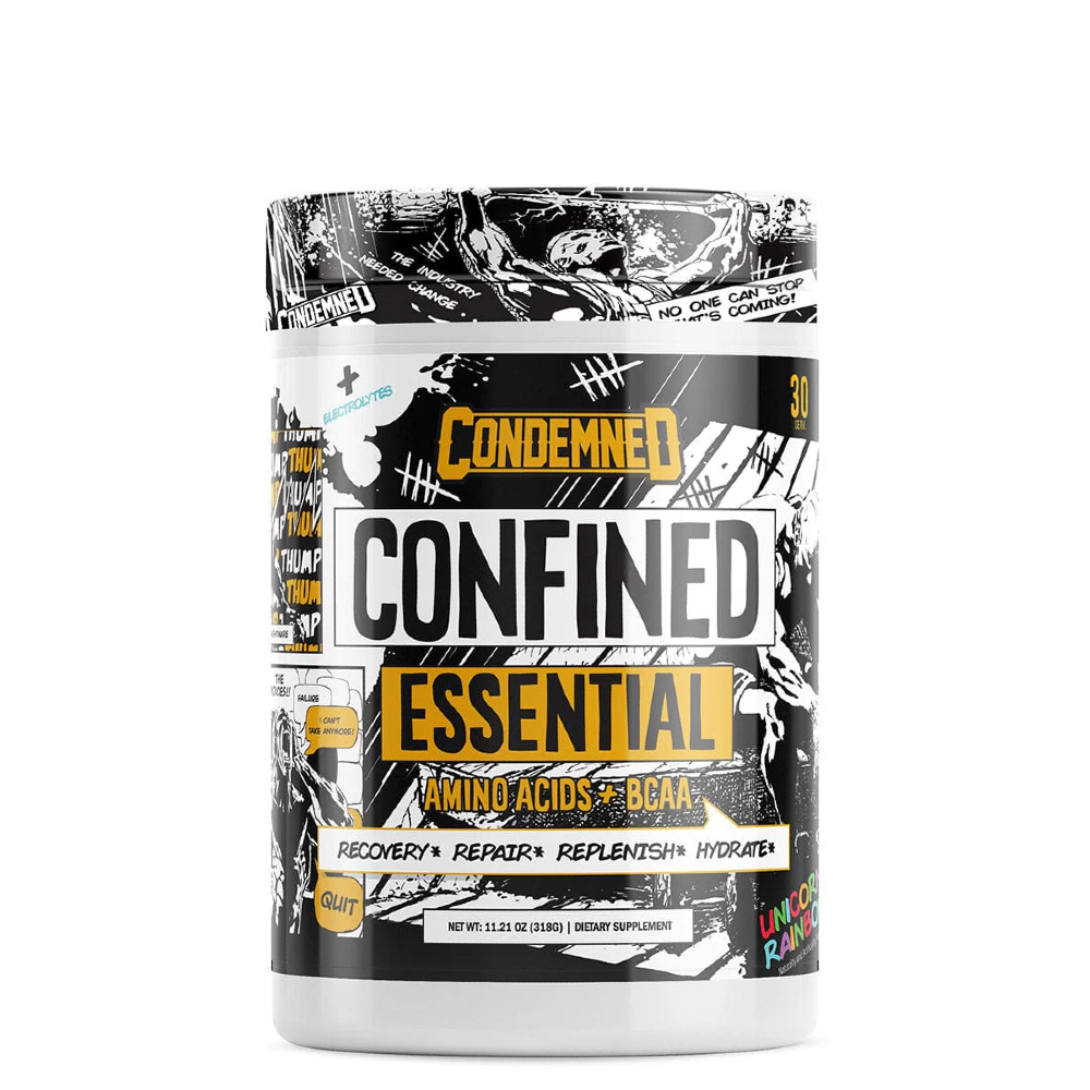 A container of CONFINED EAA + BCAA Regular, with a graphic design that includes text and illustrations related to the product's benefits and contents.