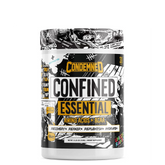 A container of CONFINED EAA + BCAA Regular, with a graphic design that includes text and illustrations related to the product's benefits and contents.