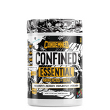 A container of CONFINED EAA + BCAA Regular, with a graphic design that includes text and illustrations related to the product's benefits and contents.