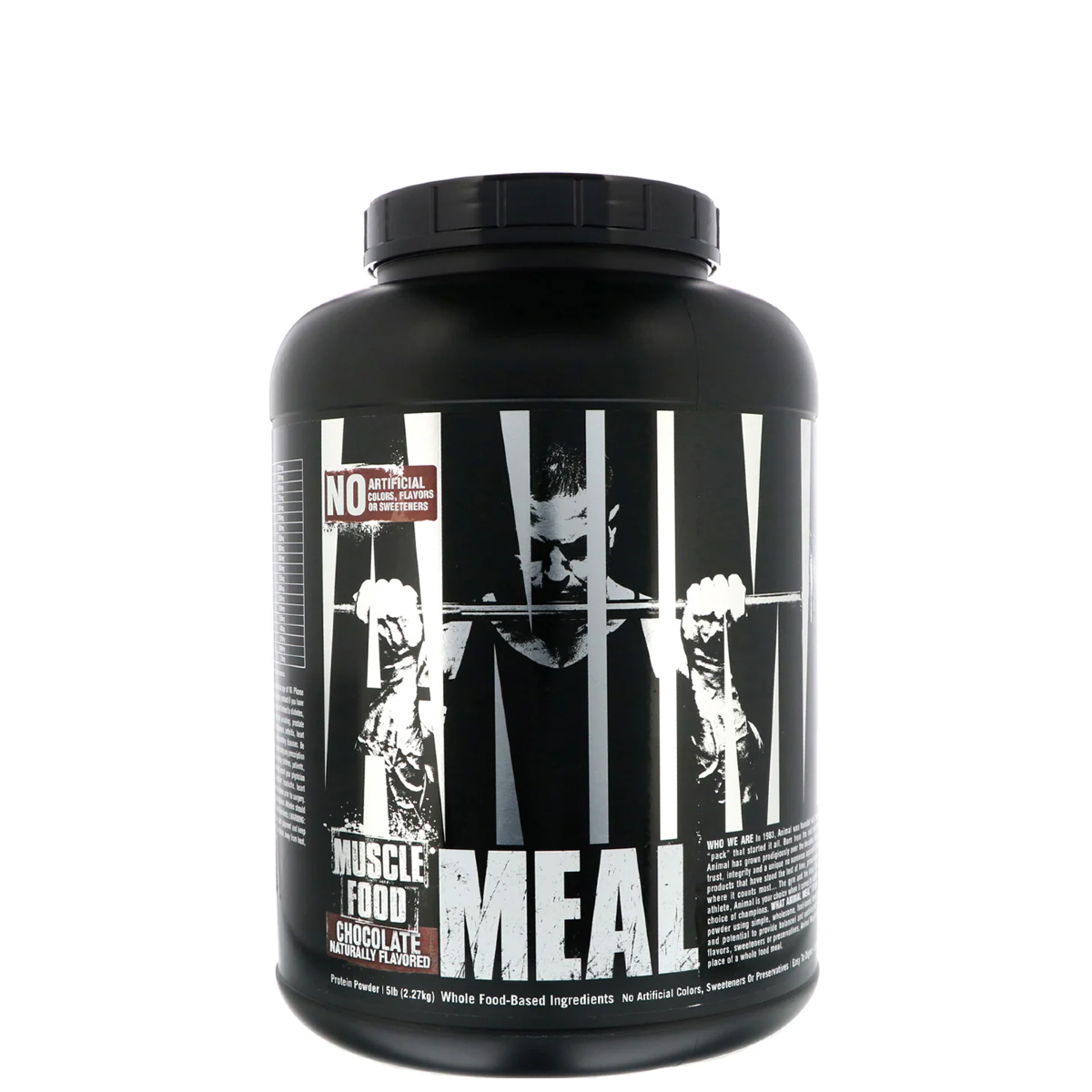 A container of Animal Meal supplement powder with a label featuring a black and white image of a male figure.