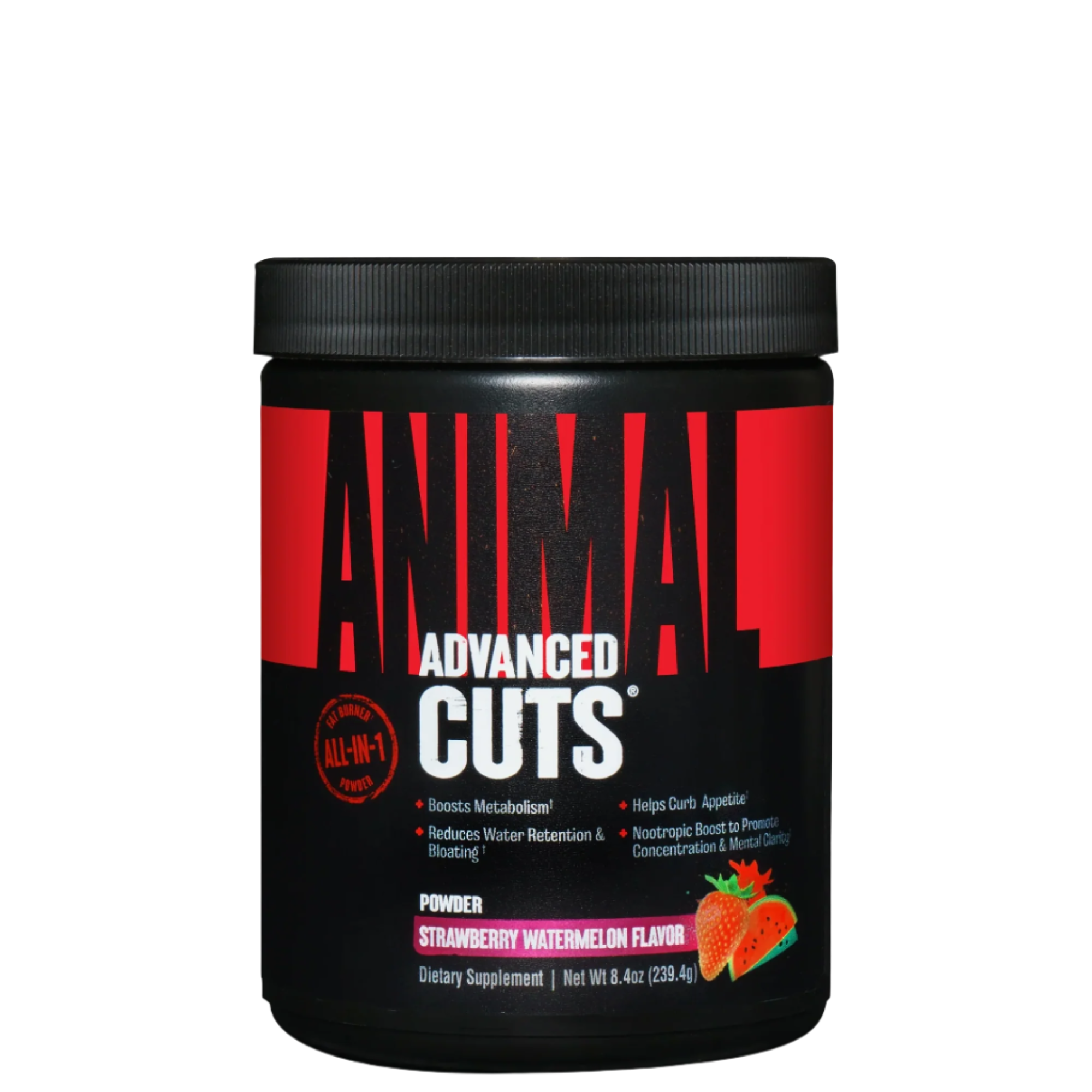 A container of Animal Cuts Powder with Strawberry Watermelon flavor, which is a dietary supplement for fat burning and muscle definition.