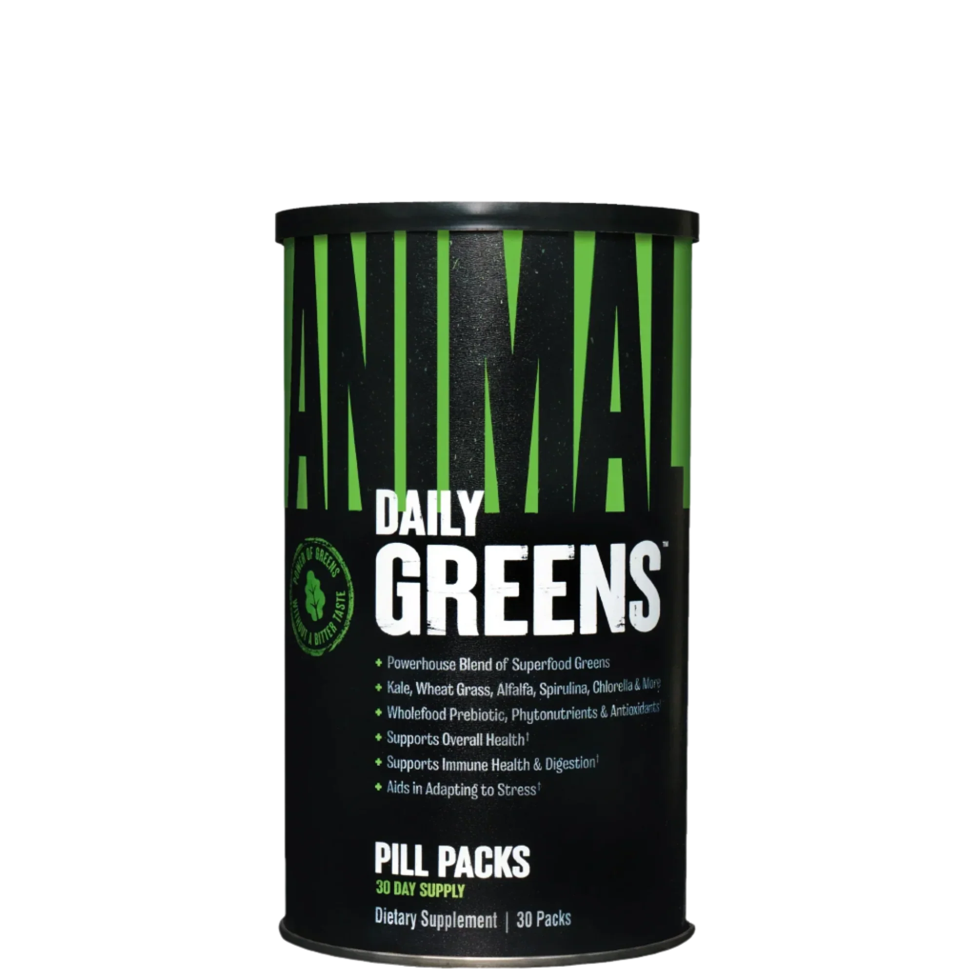Container of Animal Greens dietary supplement with green and black label, indicating it contains pill packs for daily consumption.