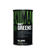 Container of Animal Greens dietary supplement with green and black label, indicating it contains pill packs for daily consumption.
