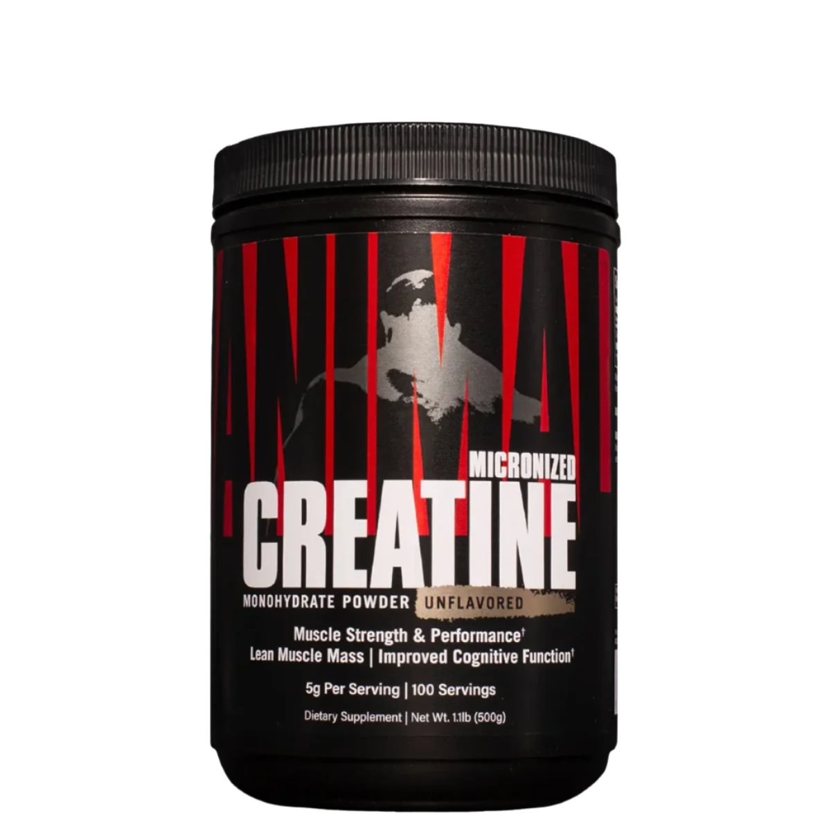 A container of Animal Micronized Creatine Monohydrate powder with a black and red label, unflavored.