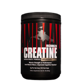 A container of Animal Micronized Creatine Monohydrate powder with a black and red label, unflavored.