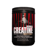 A container of Animal Micronized Creatine Monohydrate powder with a black and red label, unflavored.