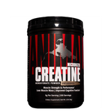 A container of Animal Micronized Creatine Monohydrate powder with a black and red label, unflavored.
