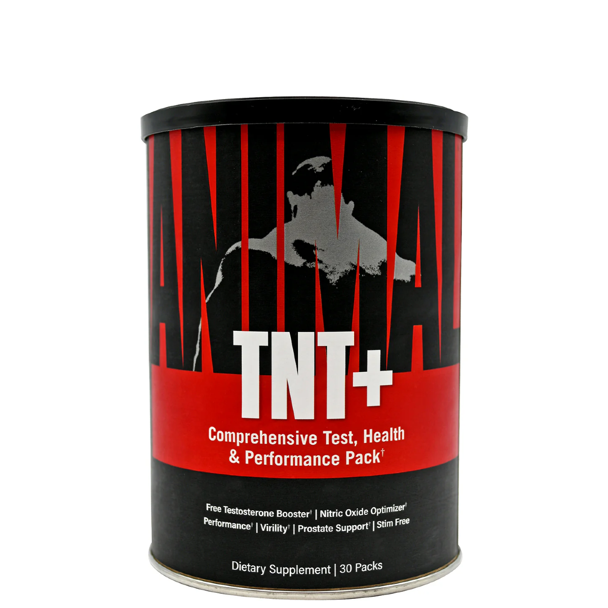 A container of ANIMAL TNT+ Testosterone Booster supplement, which is a red and black can with product information and branding visible.
