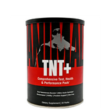 A container of ANIMAL TNT+ Testosterone Booster supplement, which is a red and black can with product information and branding visible.