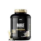 A black plastic container of MRE Whole Food Protein powder with a gold and white label, titled 'MRE WHOLE FOOD PROTEIN' and indicating 25 servings.