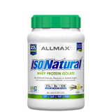 A container of Allmax IsoNatural Whey Protein Isolate Powder with a green lid, labeled as having 27g of protein, 0g fat, and zero added sugar.