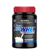 A container of AllMax Classic AllWhey 100% Whey Protein Powder, with a blue label and red cap.