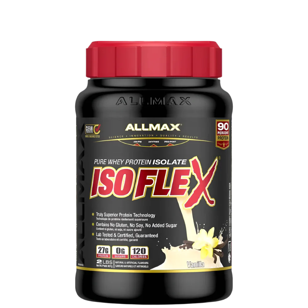 A container of ALLMAX ISOFLEX pure whey protein isolate powder with a red lid, labeled as 90% protein content with 27g of protein per serving.