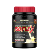 A container of ALLMAX ISOFLEX pure whey protein isolate powder with a red lid, labeled as 90% protein content with 27g of protein per serving.
