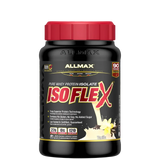 A container of ALLMAX ISOFLEX pure whey protein isolate powder with a red lid, labeled as 90% protein content with 27g of protein per serving.