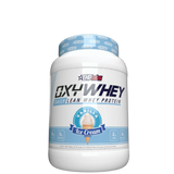 A container of OxyWhey Lean Whey Protein powder with a chocolate caramel flavor, marketed for muscle growth and recovery.