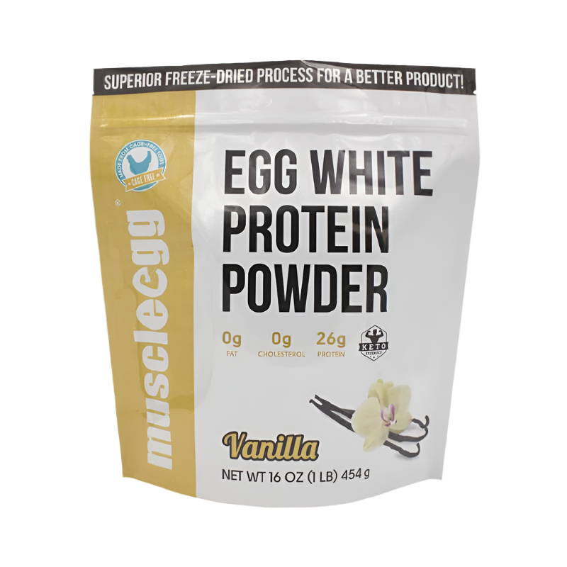 A package of MuscleEgg White Egg Protein Powder, with a net weight of 16 oz (453g), featuring 26g of protein per serving and 0g of fat per serving, with a cupcake illustration on the front.