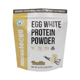 A package of MuscleEgg White Egg Protein Powder, with a net weight of 16 oz (453g), featuring 26g of protein per serving and 0g of fat per serving, with a cupcake illustration on the front.