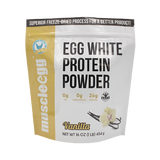 A package of MuscleEgg White Egg Protein Powder, with a net weight of 16 oz (453g), featuring 26g of protein per serving and 0g of fat per serving, with a cupcake illustration on the front.