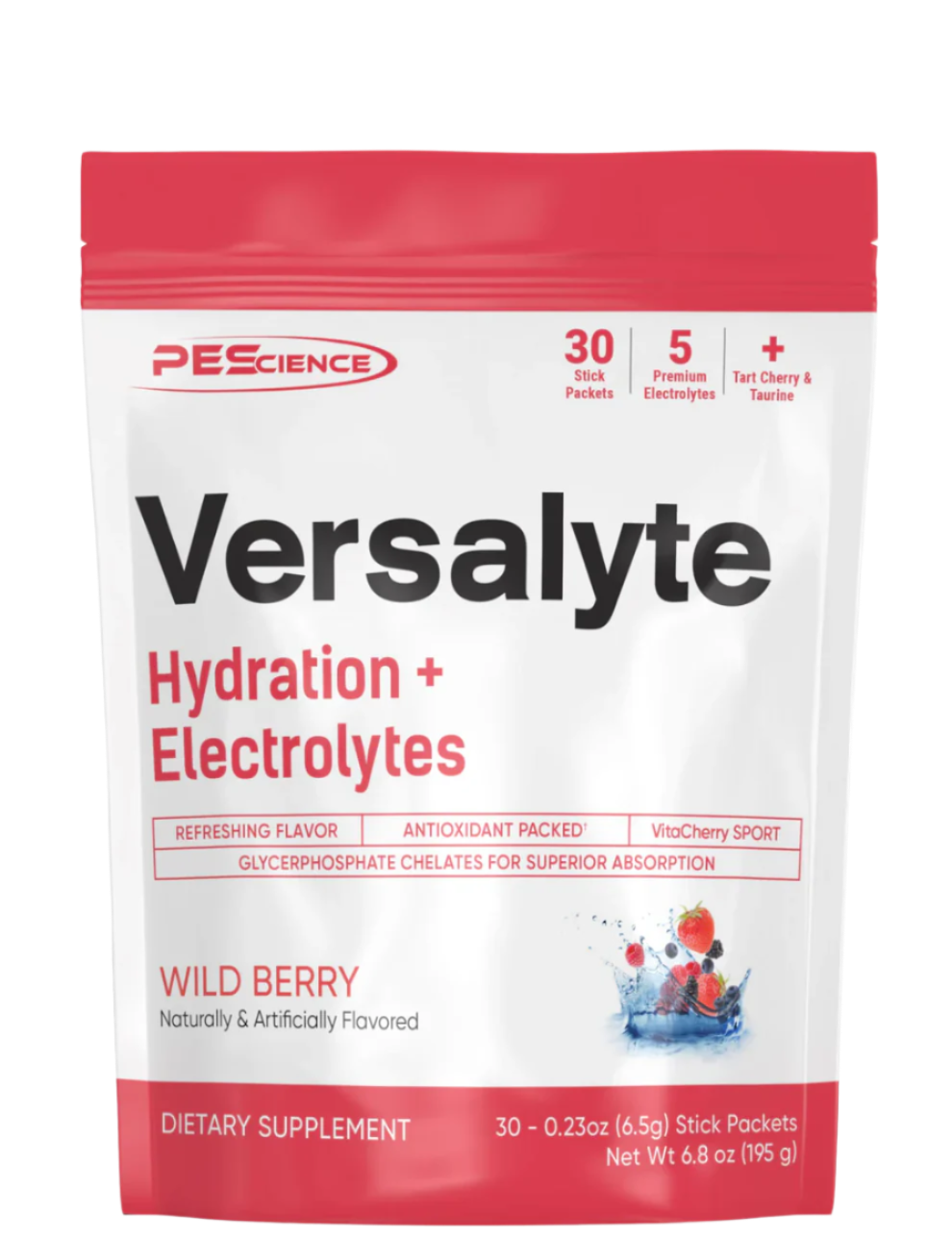 A package of Versalyte Hydration Electrolytes in wild berry flavor by PEScience.
