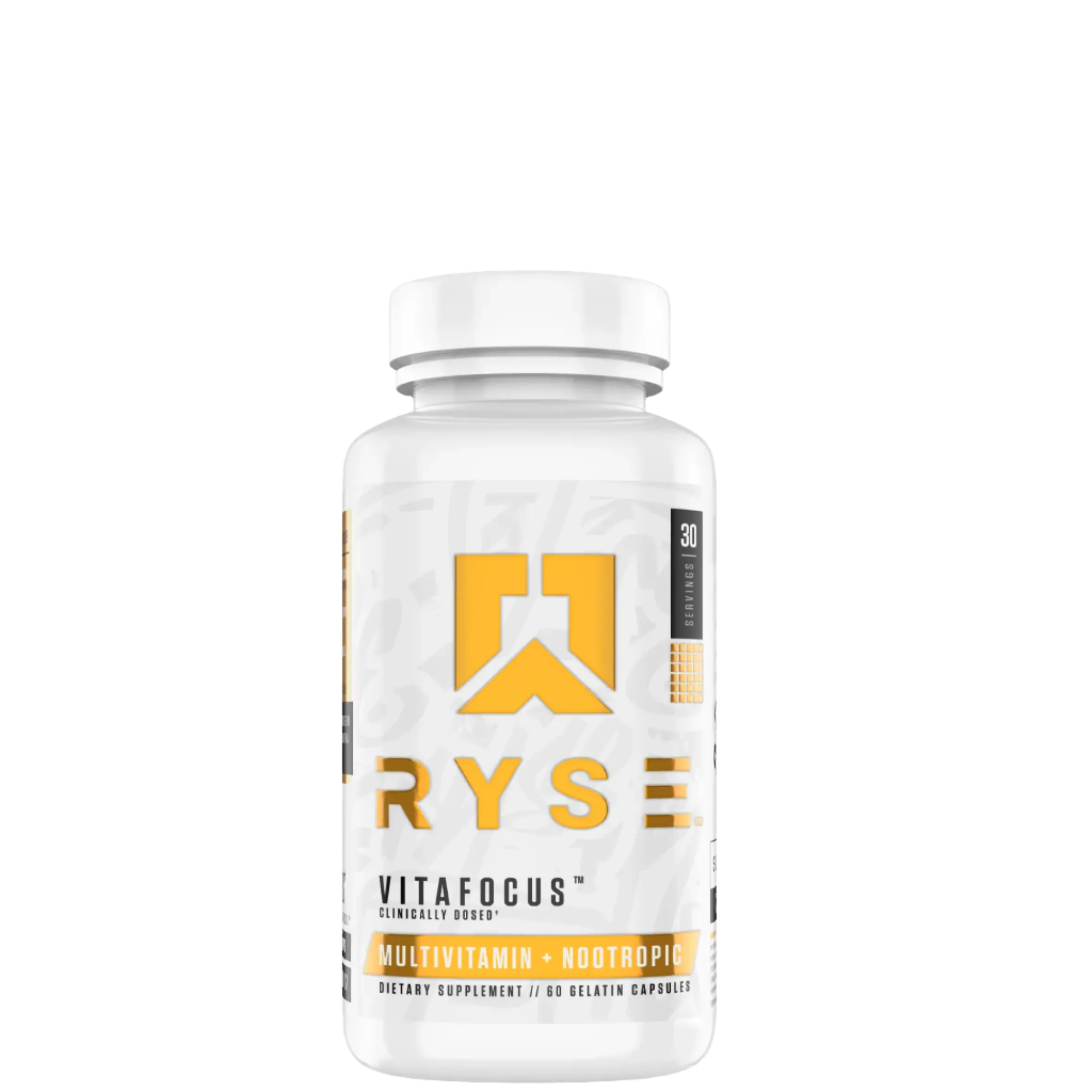 A white bottle of RYSE VitaFocus supplements with a yellow and gray label, indicating it is a product designed for wellness and cognitive support.