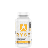 A white bottle of RYSE VitaFocus supplements with a yellow and gray label, indicating it is a product designed for wellness and cognitive support.