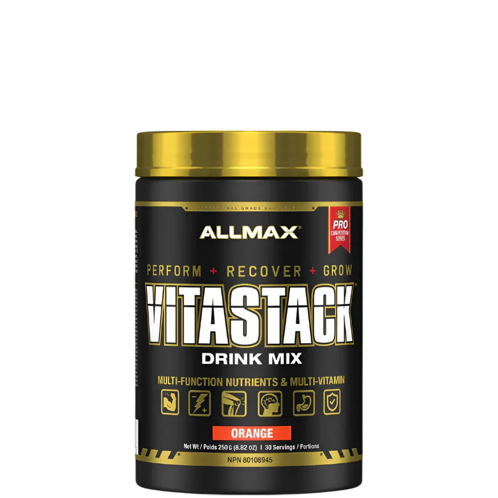 A container of ALLMAX VITASTACK Drink Mix in orange flavor, with a black and yellow label, and branding details.